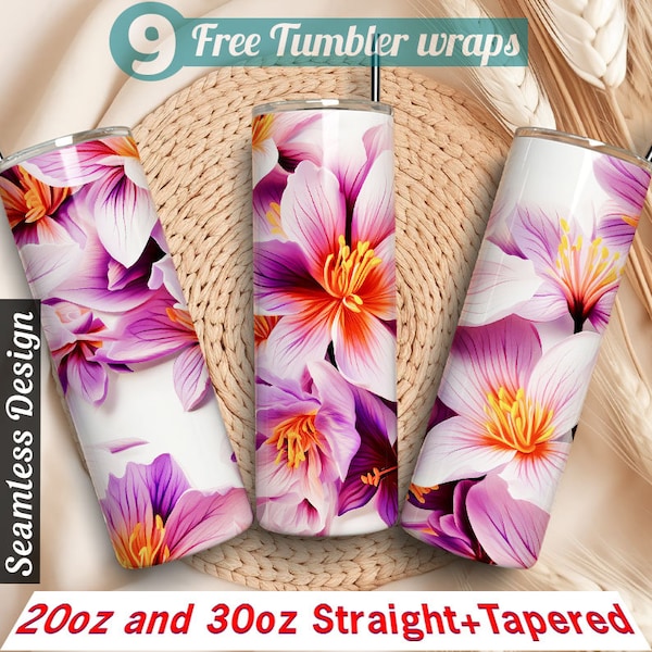 Saffron Floral Tumbler Wrap 30 oz and 20oz Sublimation Tumbler Designs Autumn pink violet flowers Straight Skinny Tumbler Wrap PNG