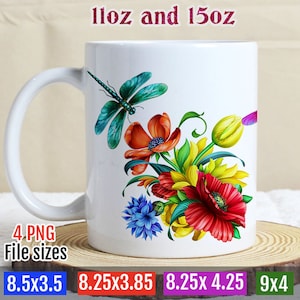 Dragonfly mug wrap flower mug wrap floral mug wrap Sublimation Designs Dragonflies mug 11oz 15oz mug Sublimation Design gift mug
