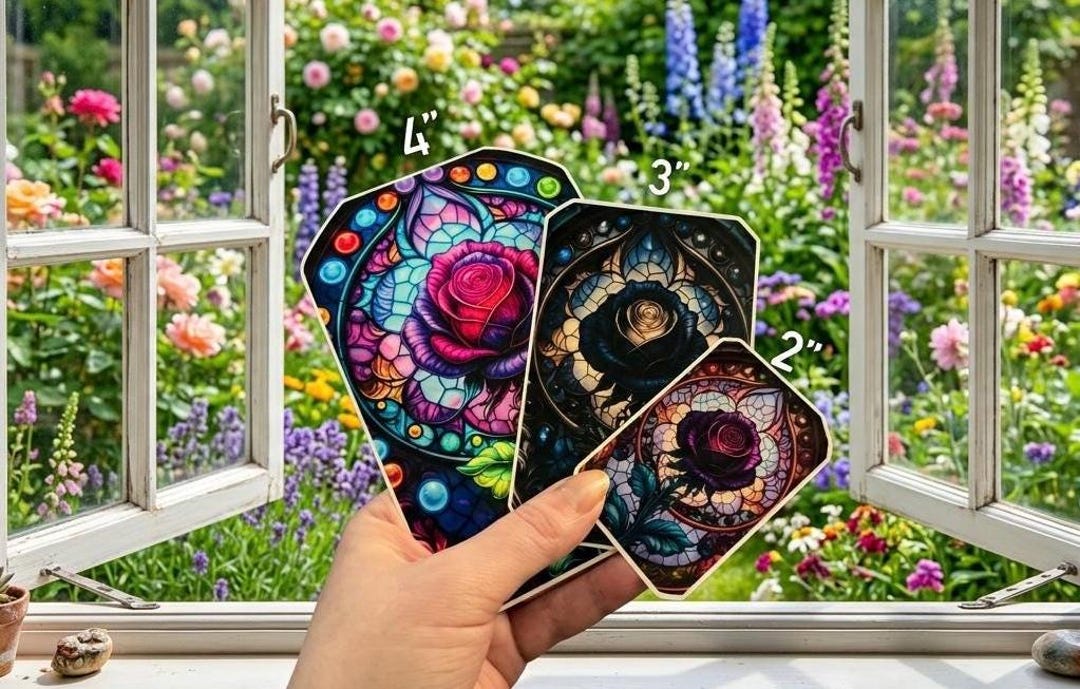 Stained Glass Roses | Sun Catcher Sticker Decals | 2”, 3”, 4” Clear ...