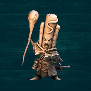 May include: A small, brown, cartoon-like figure with a hot dog head and a long, pointed hat. The figure is holding a staff and a book. The figure is wearing a robe and has a menacing expression.