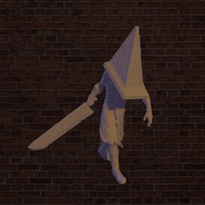 May include: A white, 3D printed figurine of a character from the Silent Hill video game series. The character is wearing a pyramid-shaped head and holding a large knife.