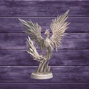 May include: A white, detailed, 3D printed figurine of a phoenix with its wings spread wide. The phoenix is perched on a base with a textured, crystalline design.
