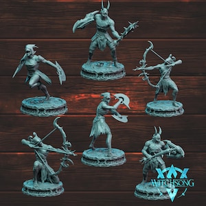May include: Set of six miniature figurines, each depicting a different character with unique weapons and poses. The figurines are painted in a light blue color and are displayed on individual bases.