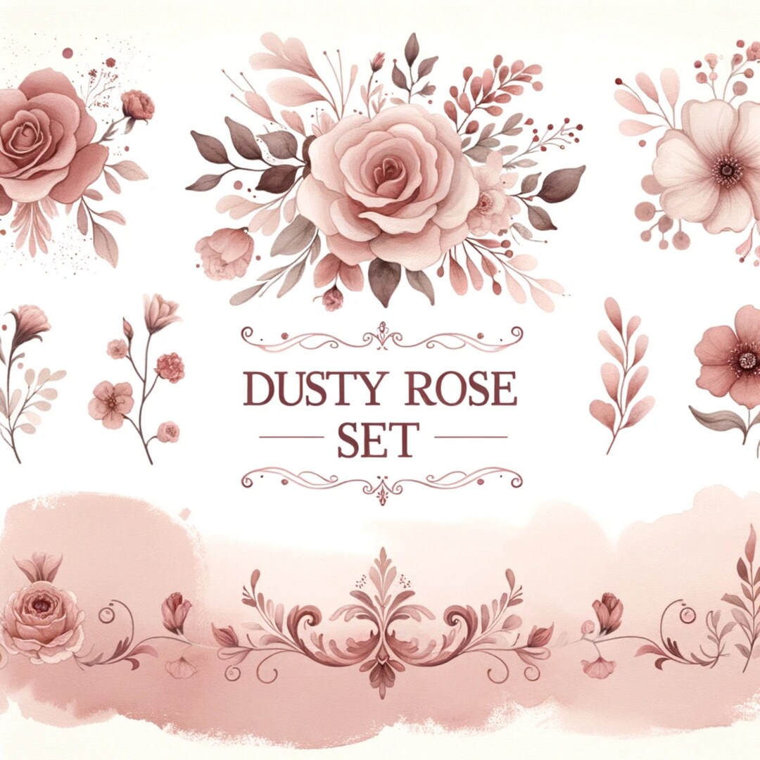 Dusty Rose Clipart Watercolor Dusty Rose Clipart Clip Art Bundle 300DPI Transparent PNG JPG for ...