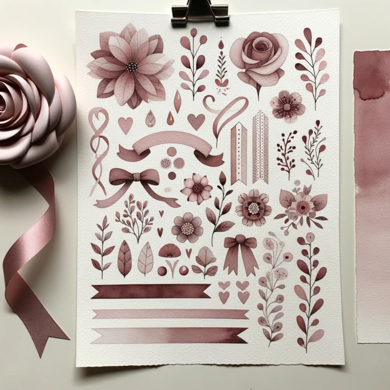 Dusty Rose Clipart Watercolor Dusty Rose Clipart Clip Art Bundle 300DPI Transparent PNG JPG for ...
