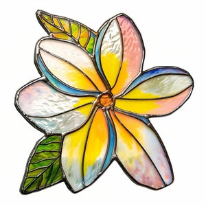May include: A stained glass flower with yellow, pink, white, and blue petals. The flower has a dark brown center and green leaves.