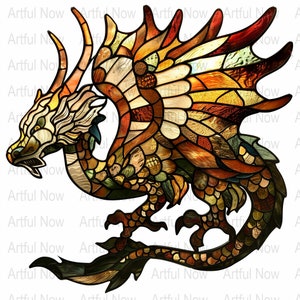 May include: A stained glass dragon with a red, orange, yellow, and green color scheme. The dragon is in a flying pose with its wings spread out.