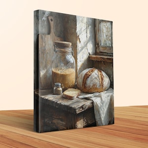 Sour Dough Starter Vintage Bread Scene Canvas Art, Rustic Kitchen Decor, Bakery Wall Art, Country Living Room Artwork