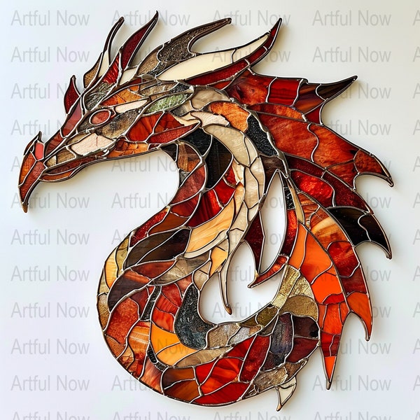 Fire Dragon Giftful Wall Art, Stained Glass Dragon Download, Fantasy Decor, Dragon Lover Giftful Print, Dragon Gift ForHer