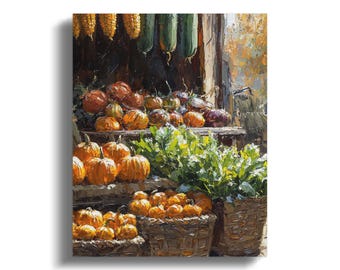 Rustic Market Vibrant Farmers Market Canvas Wrap, Autumn Harvest Artwork, Rustic Pumpkin Decor, Seasonal Wall Art