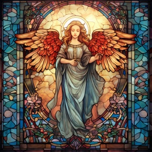 May include: A stained glass window depicting an angel with golden wings and a blue gown. The angel is surrounded by floral designs and a halo.
