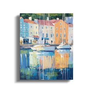 Coastal Town Harbor Scene Canvas Wrap, Vibrant Coastal Artwork, Seaside Town Wall Decor, Nautical Canvas Art