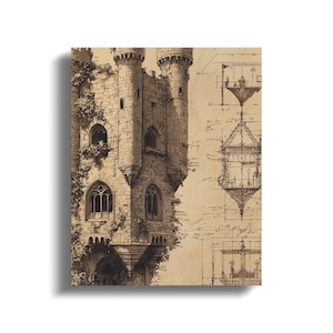 May include: A black and white drawing of a stone tower with ivy growing on it. The tower is part of a larger building, and the drawing includes architectural plans and notes.