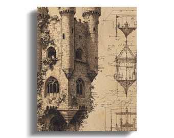 DaVinci Castle Tower Fantasy Medeltida Slottskonst, Arkitektonisk Ritning Tryck, Vintage Tornskiss, Väggkonstdekor, Canvastavla