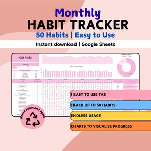 Monthly Habit Tracker Spreadsheet | Google Sheets | Daily Routine | Goal Life Planner | Simple Pink Digital Dashboard