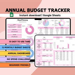 Pianificatore di budget annuale rosa / Fogli Google / Modello di foglio di calcolo mensile 2025 / Spese Bollette Risparmi Debiti Reddito Tracker Semplice Principiante