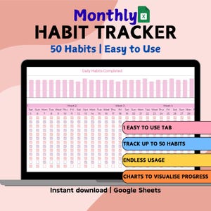 Spreadsheet met maandelijkse gewoontetracker | Google Spreadsheets | Dagelijkse routine |  Doellevenplanner | Eenvoudig roze digitaal dashboard