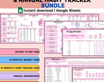 Pink Bundle: Annual Budget Planner and Annual Habit Tracker | Google Sheets | 2025 Monthly Spreadsheet Template | Expense Life Saving Income