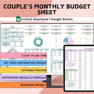 Pianificatore di budget mensile per coppie / Fogli Google / Modello di foglio di calcolo finanziario 2025 / Monitoraggio spese, bollette, risparmi, debiti e entrate per principianti