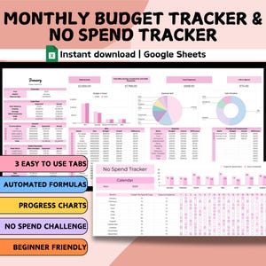 Puede incluir: Una plantilla de hoja de cálculo de Google Sheets rosa y blanca para realizar un seguimiento de los presupuestos mensuales y los desafíos de no gastar. La hoja de cálculo incluye pestañas para presupuestar, realizar un seguimiento de los gastos y gráficos de progreso. El texto "Monthly Budget Tracker & No Spend Tracker" está en la parte superior de la hoja de cálculo. El texto "Instant download | Google Sheets" está debajo del título.