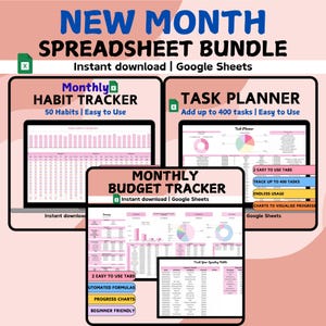 May include: A digital product bundle with three spreadsheet templates: a habit tracker, a task planner, and a monthly budget tracker. The templates are designed for Google Sheets and are available for instant download. The image features pink and white color schemes.