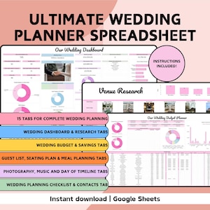 Puede incluir: Una hoja de cálculo digital para planificar bodas en Google Sheets que incluye un panel de control, investigación de lugares y planificador de presupuesto. La interfaz presenta gráficos, tablas y etiquetas rosas y blancas con el texto "Ultimate Wedding Planner Spreadsheet" e "Instructions Included!".