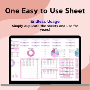 May include: A laptop displaying a spreadsheet with pink and white data tables and charts. The screen shows the text "One Easy to Use Sheet" and "Endless Usage". The laptop is on a light pink background.