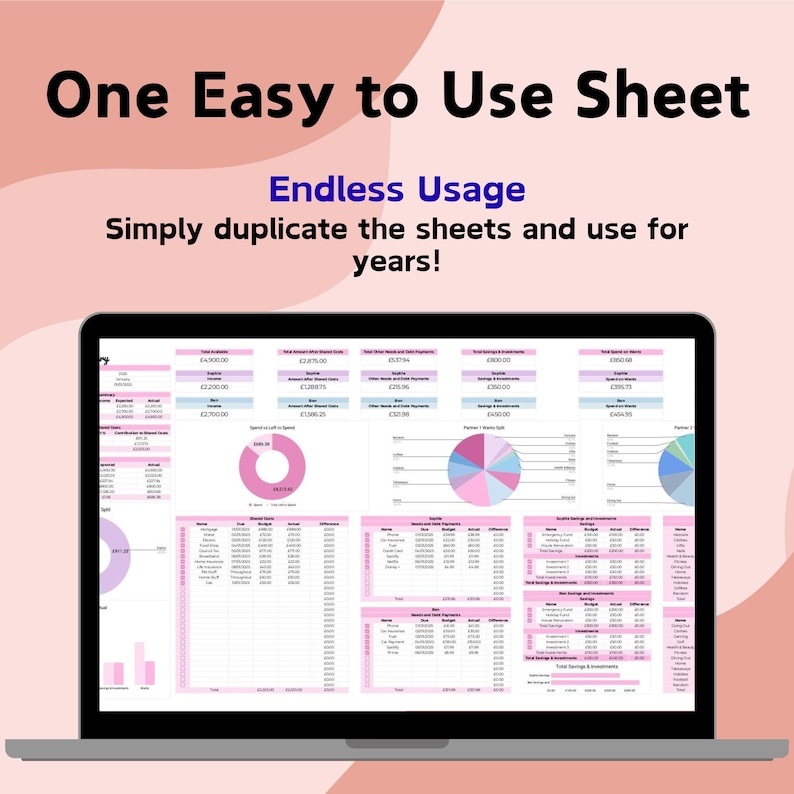 May include: A laptop displaying a spreadsheet with pink and white data tables and charts. The screen shows the text "One Easy to Use Sheet" and "Endless Usage". The laptop is on a light pink background.