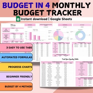 Pink Budget by 4 Monatlicher Haushaltsplaner | Google Sheets | Vorlage für eine persönliche Kalkulationstabelle | Wöchentlicher Ausgaben-Tracker für Anfänger geeignet