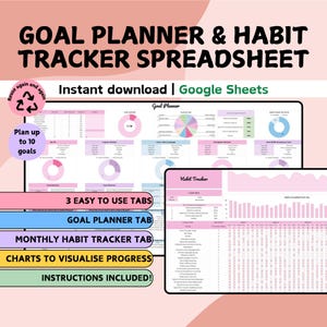Puede incluir: Una hoja de cálculo digital con el texto "GOAL PLANNER & HABIT TRACKER SPREADSHEET." Incluye pestañas para la planificación de objetivos, el seguimiento de hábitos y la visualización del progreso. El diseño utiliza tonos de rosa, azul y verde.