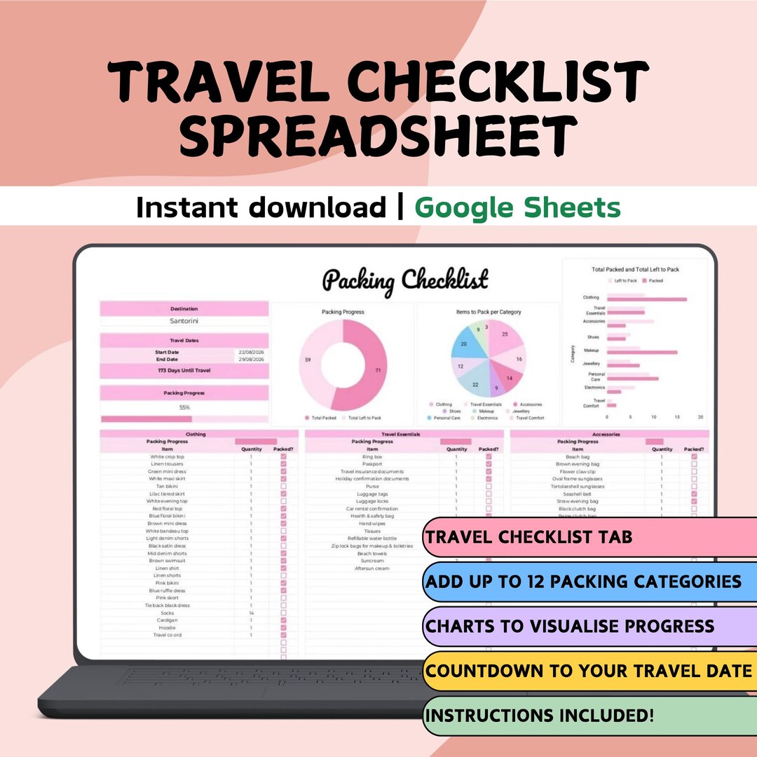Packing Checklist Spreadsheet Template | Google Sheets | Travel ...