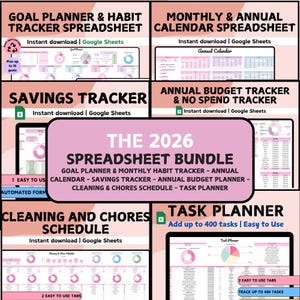 May include: A digital spreadsheet bundle for 2026, including a goal planner, habit tracker, calendar, savings tracker, budget tracker, cleaning schedule, and task planner. The bundle is designed for Google Sheets and offers automated forms and easy-to-use tabs.