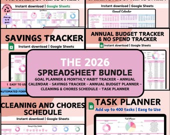 Könnte beinhalten: Ein digitales Tabellenkalkulationspaket für 2026, einschließlich eines Zielplaners, eines Gewohnheitstrackers, eines Kalenders, eines Spar-Trackers, eines Budget-Trackers, eines Reinigungsplans und eines Aufgabenplaners.