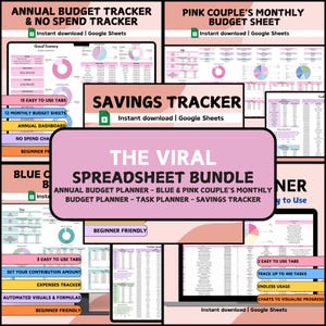 May include: A digital spreadsheet bundle with a pink and white design. The bundle includes an annual budget tracker, a no-spend tracker, a pink couple's monthly budget sheet, a task planner, and a savings tracker. The text on the image says "The Viral Spreadsheet Bundle".