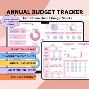 May include: A digital annual budget tracker template with a pink and white color scheme. The image shows a spreadsheet with financial data, charts, and the text "Annual Budget Tracker". Includes 15 tabs, 12 monthly sheets, and a dashboard.