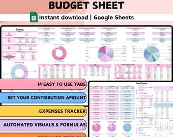 May include: A digital budget sheet titled "Pink Couple's Annual Budget Sheet" with the text "Instant download | Google Sheets." The sheet features pink and blue charts, tables, and the text "14 EASY TO USE TABS," "SET YOUR CONTRIBUTION AMOUNT," "EXPENSES TRACKER," "AUTOMATED VISUALS & FORMULAS," and "BEGINNER FRIENDLY."