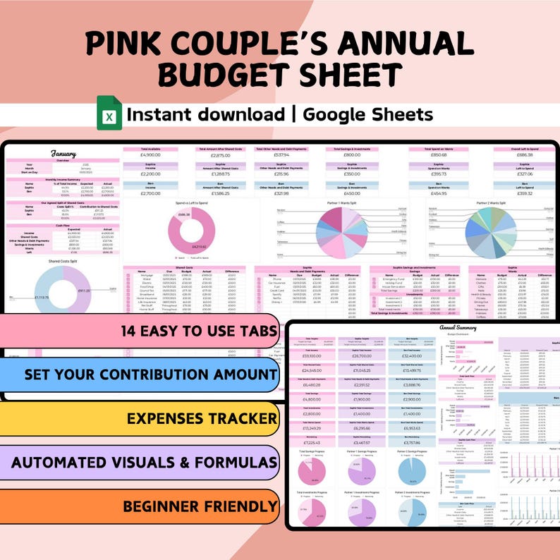 May include: A digital budget sheet titled "Pink Couple's Annual Budget Sheet" with the text "Instant download | Google Sheets." The sheet features pink and blue charts, tables, and the text "14 EASY TO USE TABS," "SET YOUR CONTRIBUTION AMOUNT," "EXPENSES TRACKER," "AUTOMATED VISUALS & FORMULAS," and "BEGINNER FRIENDLY."