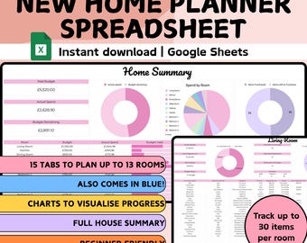 New Home Planner Spreadsheet | Google Sheets | House Item List | First Time Buyer | House Management Expenses Tracker| Organiser Checklist