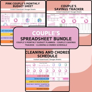 May include: A bundle of digital spreadsheets for couples, including a monthly budget sheet, savings tracker, and cleaning schedule. The pink and white design includes charts and instructions. The bundle is beginner-friendly and available for instant download.