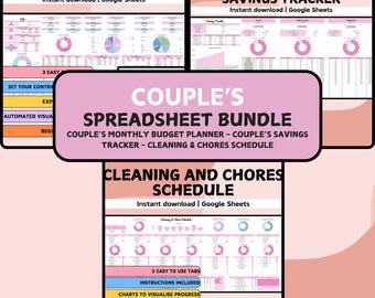 May include: A bundle of digital spreadsheets for couples, including a monthly budget sheet, savings tracker, and cleaning schedule. The pink and white design includes charts and instructions. The bundle is beginner-friendly and available for instant download.