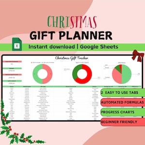 Tableur de planification de cadeaux de Noël | Feuilles de calcul Google | Suivi du budget des Fêtes | Liste d'achats | Tracker d'organisateur de cadeau de fête