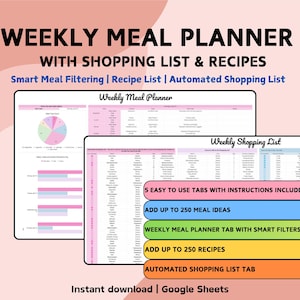 Veckovis matplanerare och automatiserat kalkylblad för inköpslistor | Lätt att använda | Rosa mall för Google Sheets | Måltidsidéer och recept
