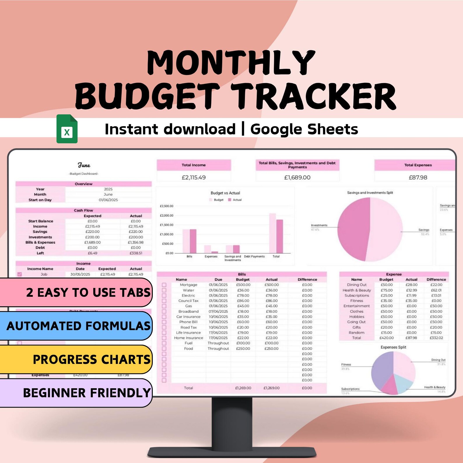 Pink Monthly Budget Planner | Google Sheets | Finance Spreadsheet ...