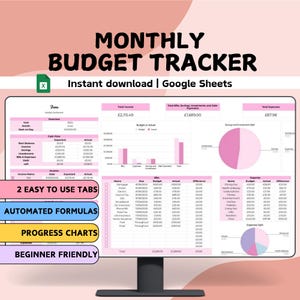 Roze maandelijkse budgetplanner | Google Spreadsheets | Spreadsheetsjabloon Financiën 2025 | Kostenrekening Spaarrekening Debt Income Tracker Eenvoudige beginner