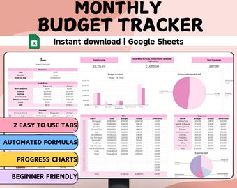 Pink Monthly Budget Planner | Google Sheets | Finance Spreadsheet Template | Expense Bill Savings Debt Income Tracker Simple Beginner