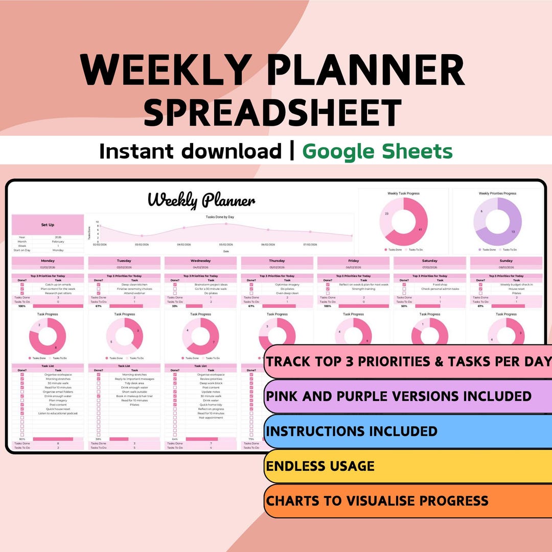 Weekly Planner Spreadsheet | Google Sheets | Daily Routine | Goal Life ...