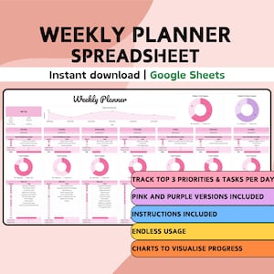 May include: A pink and white weekly planner spreadsheet with the text "WEEKLY PLANNER SPREADSHEET" at the top. The spreadsheet includes charts and sections for daily tasks. Text on the image includes "TRACK TOP 3 PRIORITIES & TASKS PER DAY" and "PINK AND PURPLE VERSIONS INCLUDED."