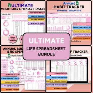 Ultimate Life Planner-spreadsheetbundel | Jaarbudget, aflossing schulden, geen uitgaven, jaarlijkse gewoonte en gewichtsverlies- en fitnesstrackers