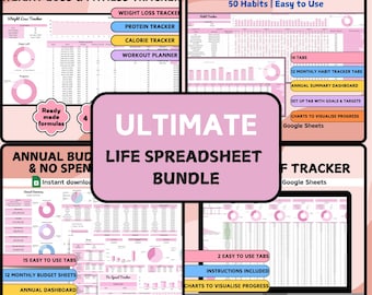 2025 Ultimate Life Planner Spreadsheet Bundle | Annual Budget, Debt Payoff, No Spend, Annual Habit and Weight Loss & Fitness Trackers