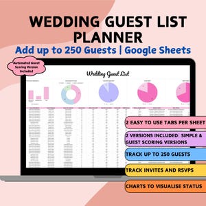 May include: A digital wedding guest list planner displayed on a laptop screen, featuring data tables and colorful pie charts. Text includes 'WEDDING GUEST LIST PLANNER', 'Add up to 250 Guests', 'Google Sheets', and 'Automated Guest Scoring Version Included'.